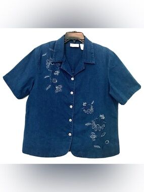 Alfred Dunner Vintage Womens Size 14 Embroidered Short Sleeve Cotton Denim Shirt